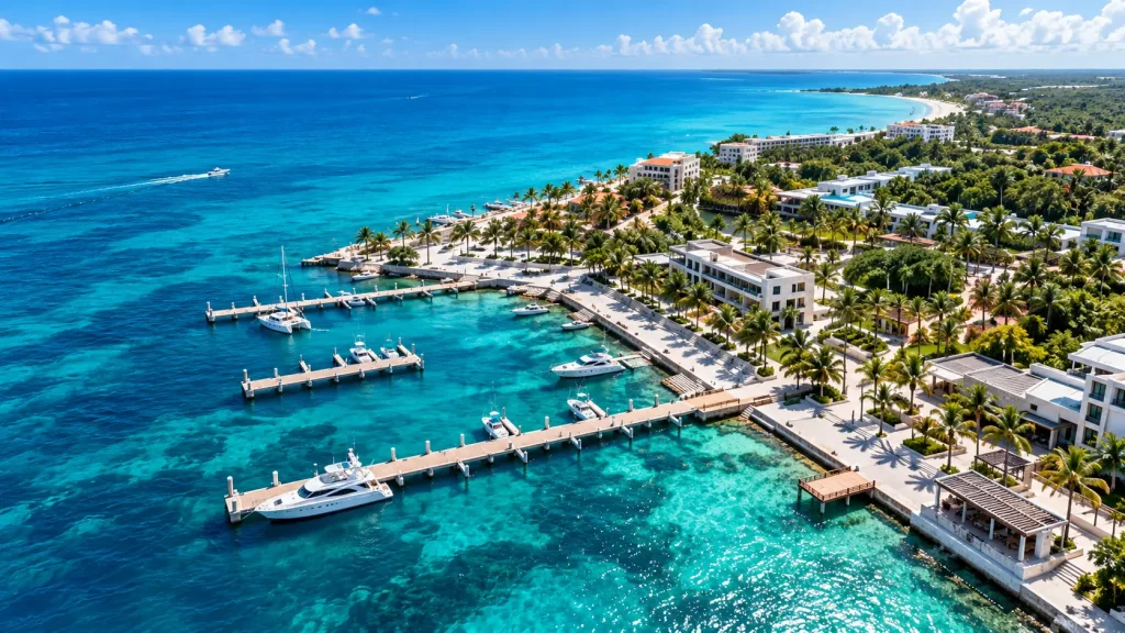 Vista aérea de Gran Puerto Marina, con sus muelles, yates y el mar turquesa del Caribe