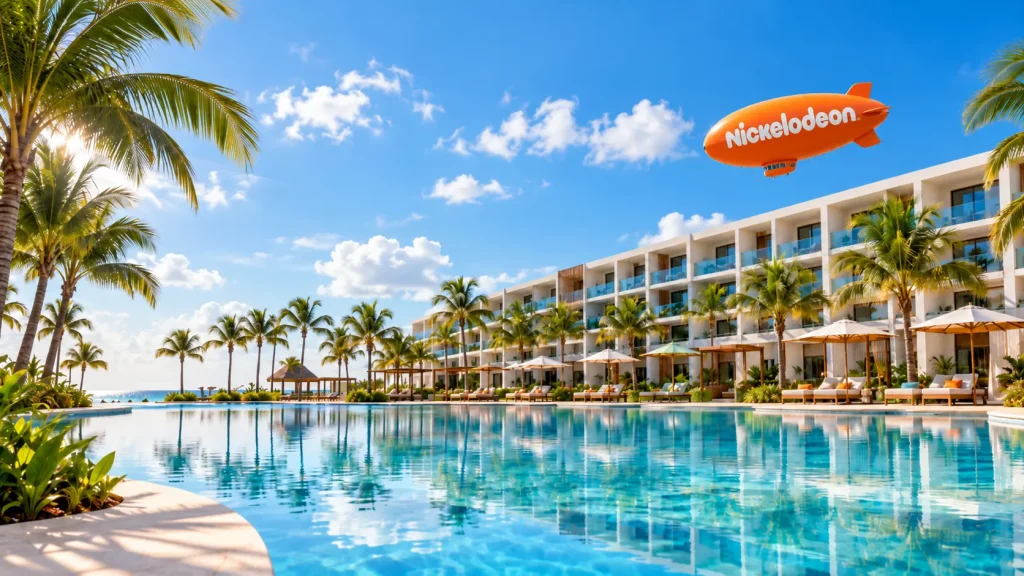 Alberca principal del hotel Nickelodeon Hotels & Resorts Riviera Maya, con palmeras y un dirigible naranja de Nickelodeon en el cielo