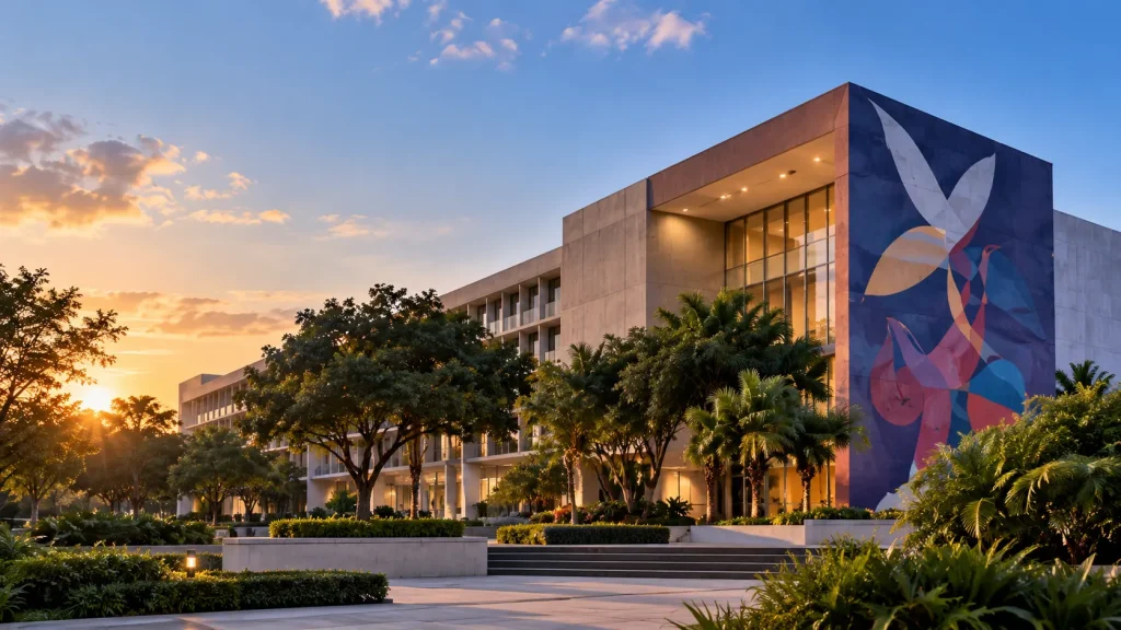 Fachada del campus de la Universidad La Salle al atardecer, con un mural geométrico de gran formato en la entrada