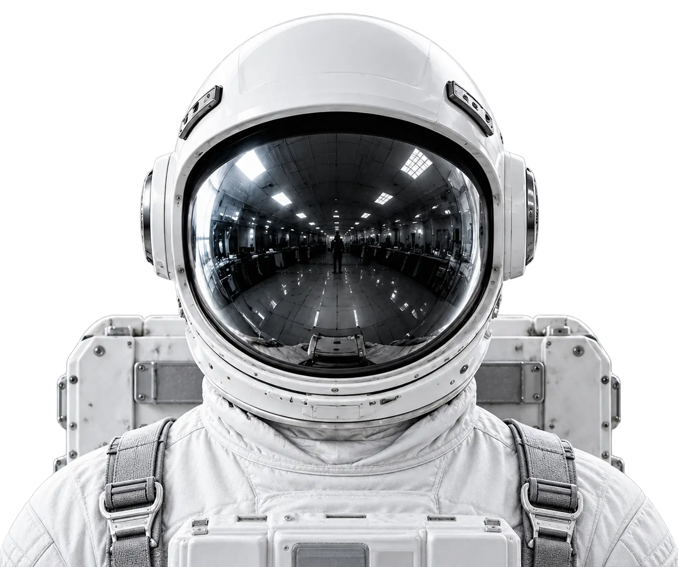 Astronauta de frente con el reflejo de un módulo espacial en el visor