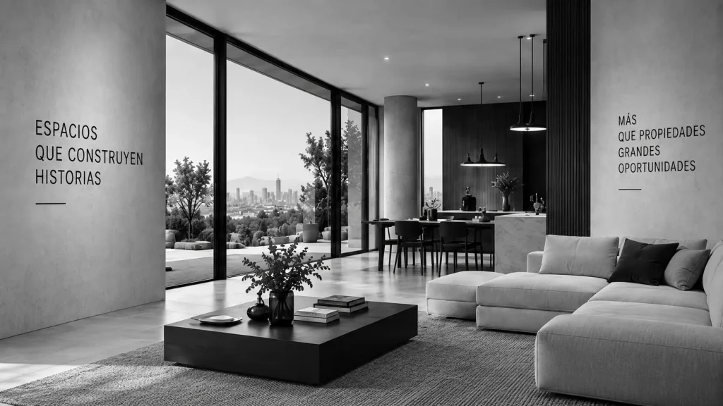 Sala de un departamento de lujo en blanco y negro, con ventanal a la ciudad y el lema «Espacios que construyen historias» rotulado en la pared