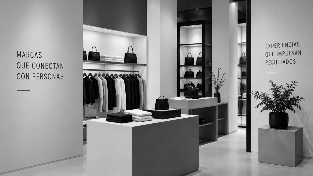 Interior de una tienda de ropa en blanco y negro, con vitrinas iluminadas y el lema «Marcas que conectan con personas» rotulado en la pared