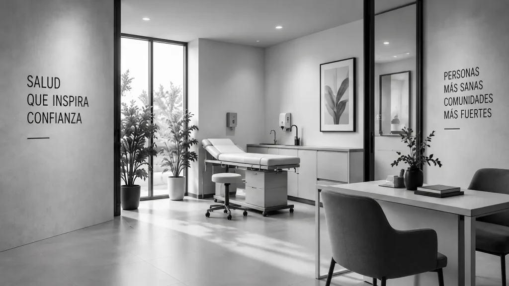 Consultorio médico luminoso en blanco y negro, con el lema «Salud que inspira confianza» rotulado en la pared