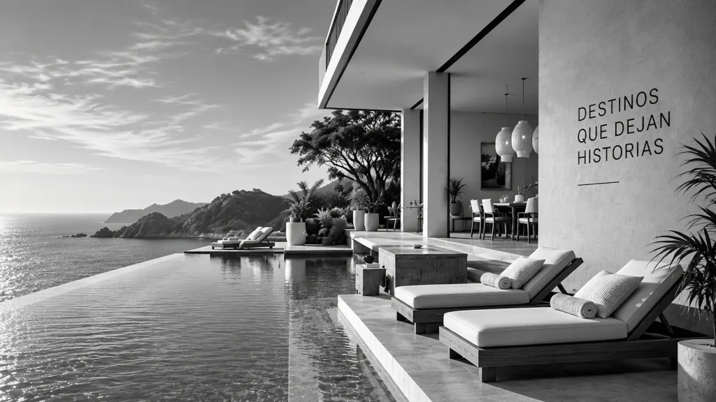 Terraza de un resort frente al mar en blanco y negro, con alberca infinita y el lema «Destinos que dejan historias» rotulado en la pared