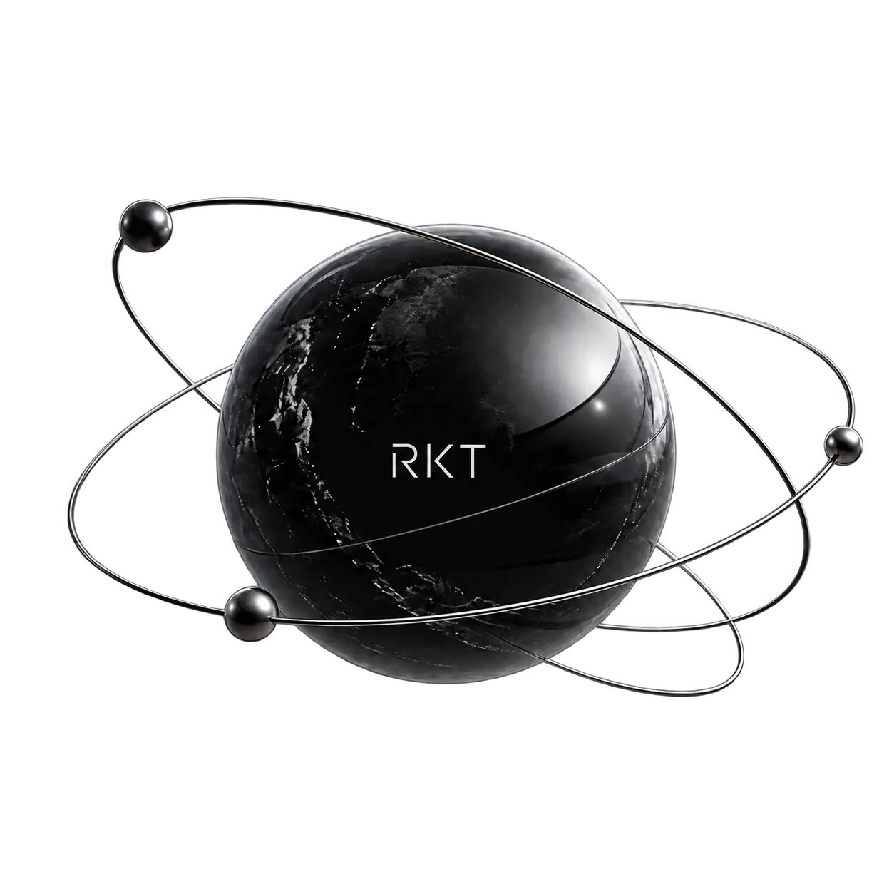 Esfera con el logotipo de RKT rodeada de anillos orbitales